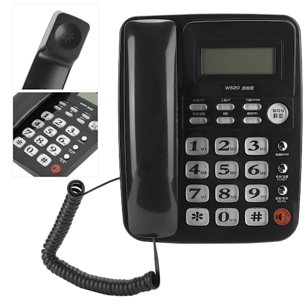 W520 Telefon med opkaldsidentifikation, håndfri opkald til kontor, hjem, familie og virksomhed, sort