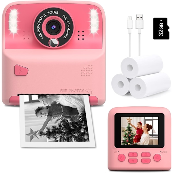 Amzelas Lastenkamera Hetkellinen Tulostus Valokuvat Joulu Syntymäpäivälahjat HD Digitaaliset Videokamerat Taaperoille Kannettava 32 Gt:n Kortilla Pink