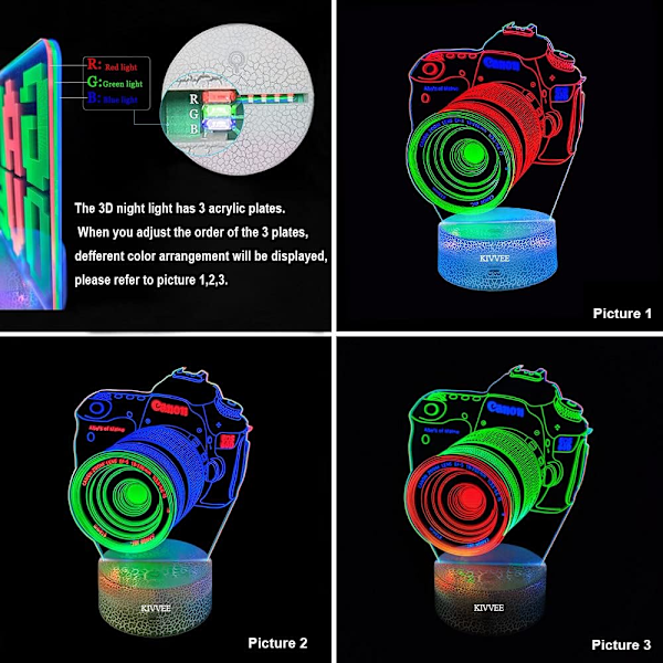 Kamera Gave 3D Nattlys Lampe Bordlampe Møbler Dekorativ Fargerik Endring Husholdning Hjem Desk Tilbehør