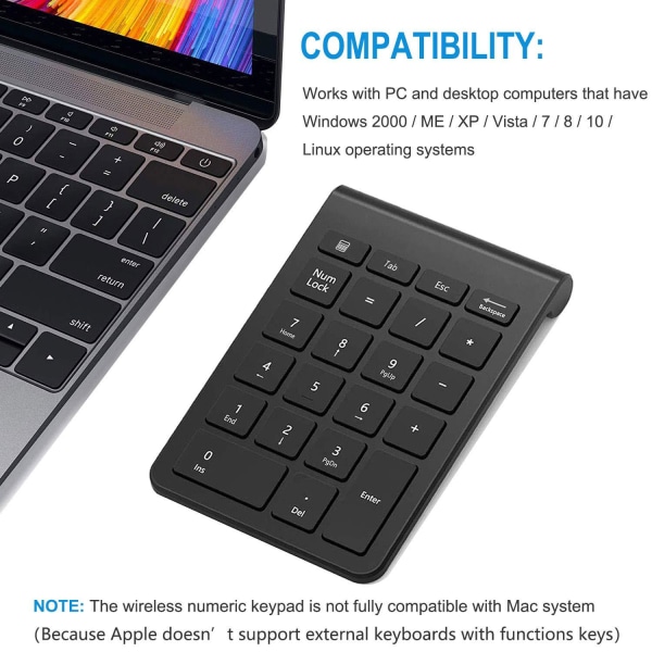 Trådløst oppladbart numerisk tastatur 26 taster Slim talltastatur med Mini USB-mottaker Bærbar økonomisk regnskapspute for bærbar PC