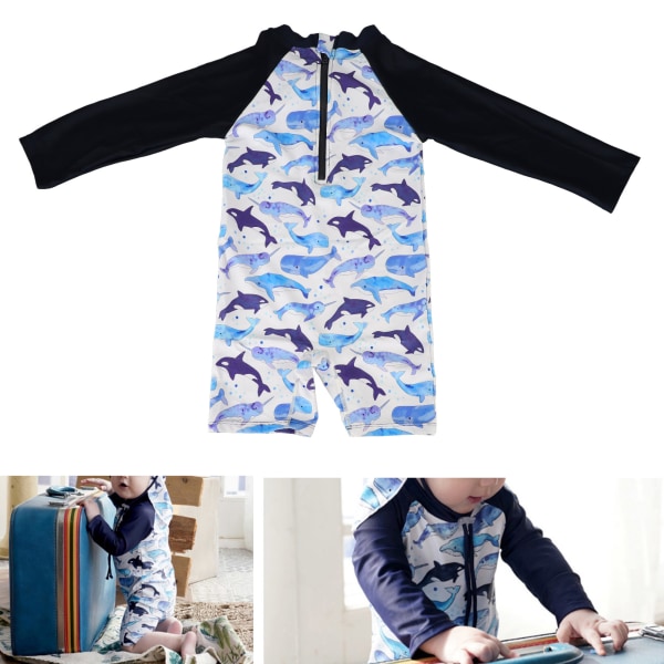 Baby Boy 1 Piece Badkläder Långärmad Solskydd Snabbtorkande Bärbar för Strand Pool Blå Haj Fri Storlek