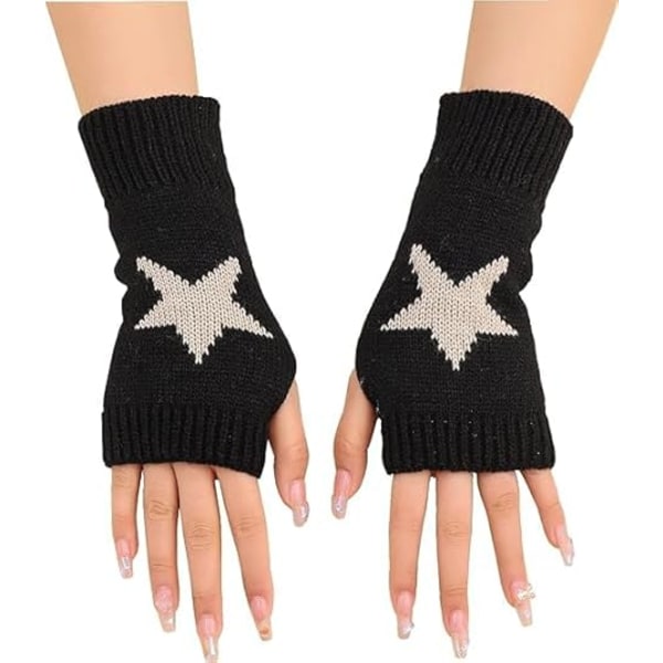 Women's Fingerless Star Pattern Gloves - Warm Knitted Wrist Warmers with Thumb Hole Y2K Accessories