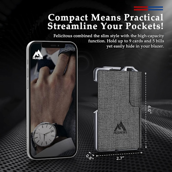 Taktisk minimalistisk lommebok for menn, slank RFID-blokkerende metallkortlomme, frontlomme Menu2019s skinn Dapper Bifold-lommebok med pengesklips Grey