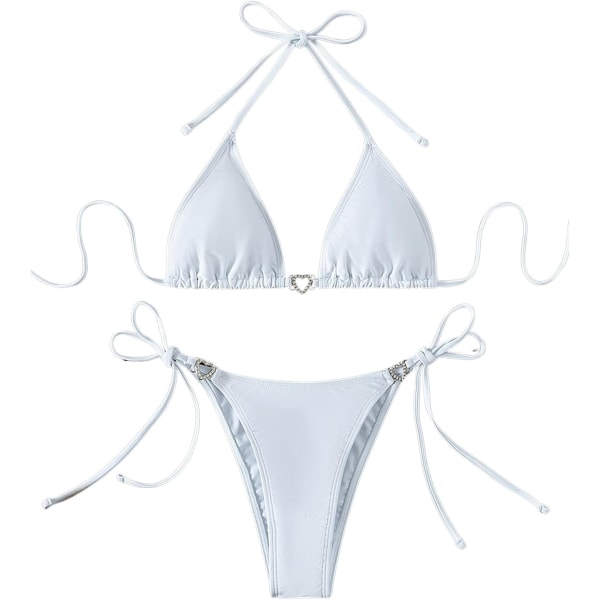 WJSMWomen's Halter Tie Side Triangle Bikini Set high Cut 2 Piece Bikini Swimsuit Badetøj Rhinestone White L