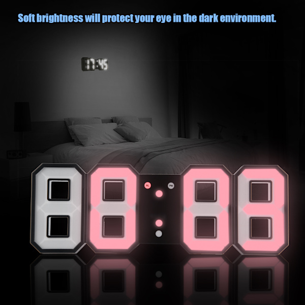 3D LED Digital Væg Alarmur med 3 Lysstyrkeniveauer Snooze-funktion 12/24H Display 3-farver
