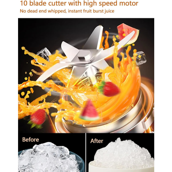 Bärbar Blender, Personlig Blender för Shakes och Smoothies, Mini Blenderflaska USB Laddningsbar, Bärbar Saftkopp med 10 Blad