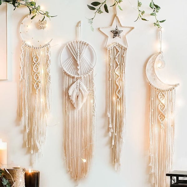 4-pack väggdekoration måne drömfångare macrame vävd väggbonad boho hemdekoration väggkonst vacker lägenhet sovsal rum dekoration