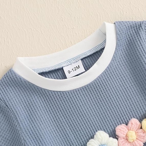Småbørn Baby Pige Sommer Tøj Vaffel 3D Blomster Kortærmede Toppe Elastiske Talje Shorts Søde Spædbarns Sæt blue 18-24M