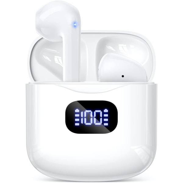 Trådløse ørepropper, Bluetooth 5.3 hodetelefoner 40 timer spilletid med ladeetui, IPX5 vanntett stereo in-ear-hodetelefoner med mikrofon for iPhone og A-White