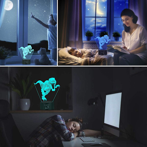 3D Nattlampa, LED-lampa för barn, Dinosaurie Leksaker för pojkar, 7 Färger Touch Bordsslampa, T-Rex Illusion Neon med USB, Baby Sovrumsslampor