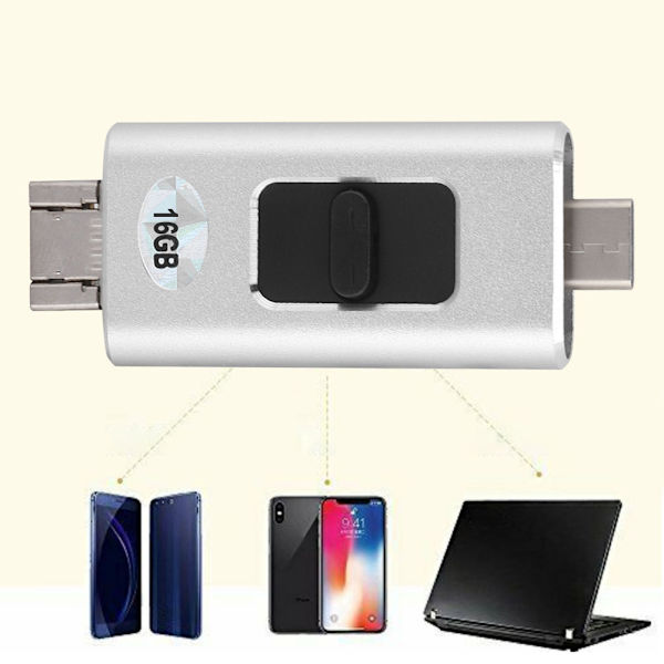 16 Gt muodikasta monitoimista 4-in-1 U-levyä Androidille, tyyppi C, sopii iPhoneen ja iPadiin (hopea)