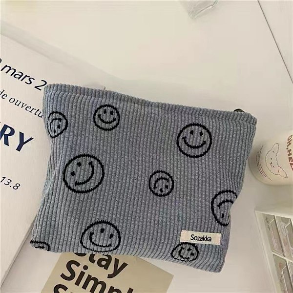 Makeup Taske Til Kvinder - Fløjls Kosmetiktasker Æstetisk Design Dame Tote Taske, Dame Penalhus, Sød Smiley Ansigts Makeup Organizer blue