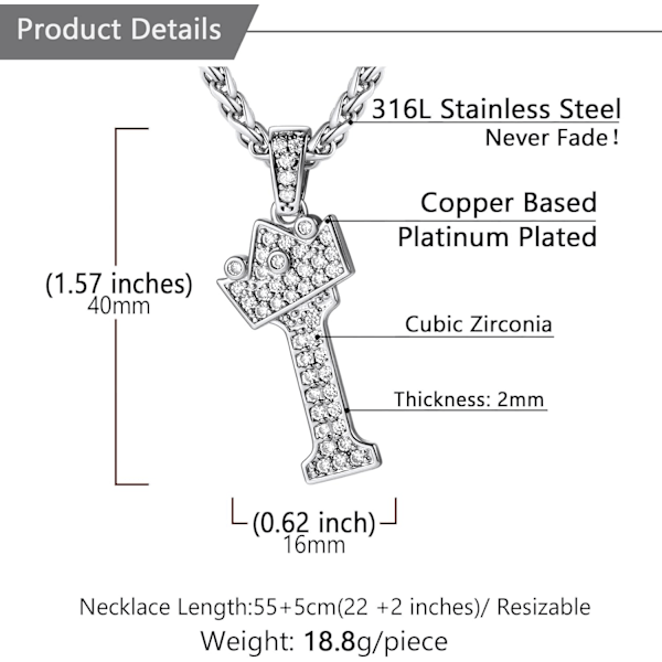 Krone Initial A-Z Halskjede, Iced Out Bokstavanheng med 22-24 Tommers Kjede, Menn Kvinner Bling Hip Hop Alfabet Navn Smykker Gave Store Initialer Halskjeder I Silver