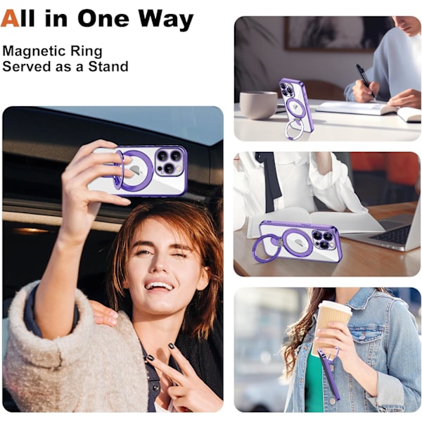 iPhone 15 Pro Max Skal med Osynlig Magnetisk Ringstativ [Kompatibelt med MagSafe] [Fullständigt Kameralinsskydd] Pläterad Klar för Purple