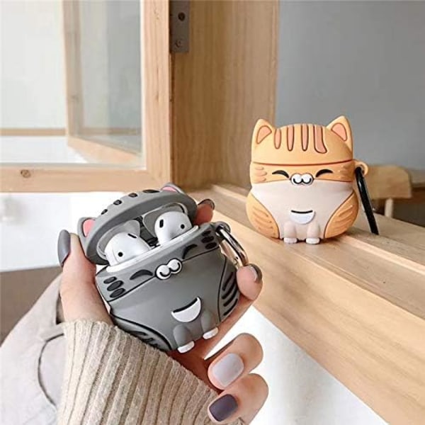 Etui Kompatibelt med AirPods 1/2, Super Sødt Siddende Lykkekat Killinge Etui, Blødt TPU Silikone Gel Øretelefon Etui Kompatibelt med grey