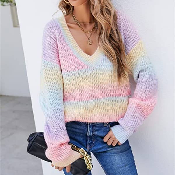 Mørke Sweatre til kvinder - Efterår og vinter - Langærmet V-hals - Farvekombination - Stribet - Trykt - Gradient - Sweater