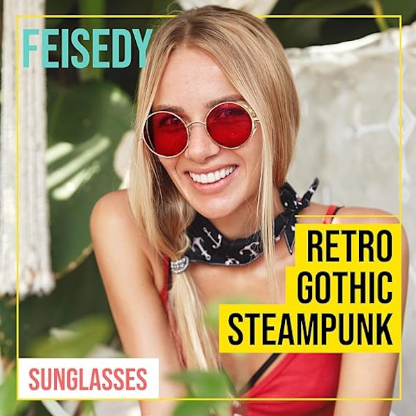 Retro Gotiska Steampunk Solglasögon Rund Metallram Punk Cirkel Inspirerad Skugga Män B1861 Gold/Red