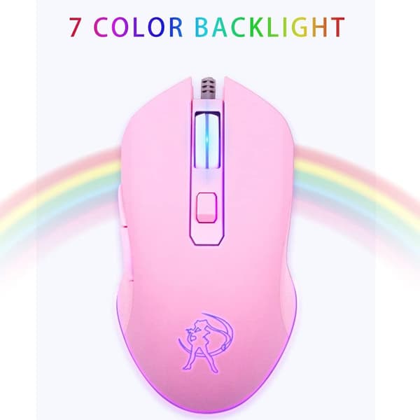 Pink Trådløs USB Computer Mus, 7 Farver Baggrundsbelysning, Lydløse Knapper, 3200 DPI, til MacBook, Computer PC, Laptop - Sailor Moon