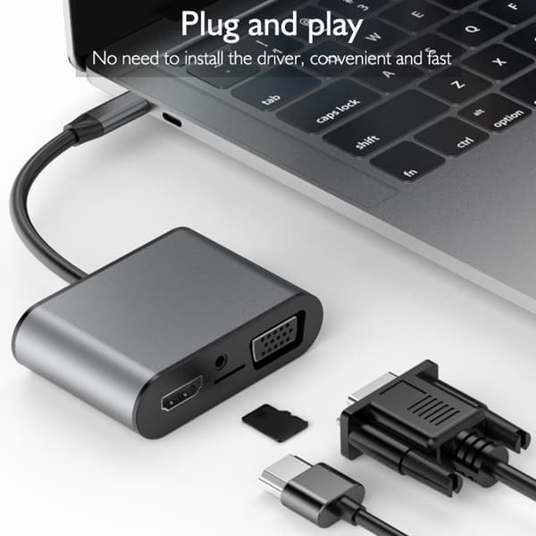8 i 1 USB C Hub Grå Multifunktionel Udvidelsesdock Type C til HDMiVGaPD Stik (Grå)