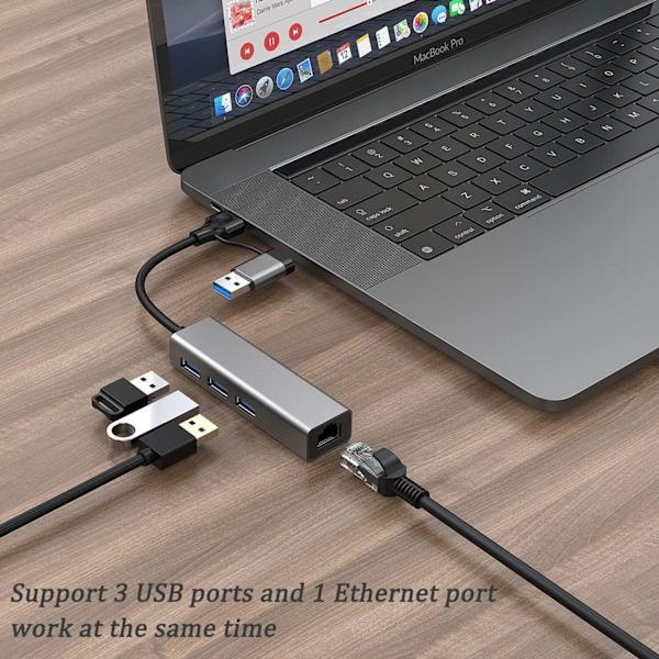 USB till Ethernet-adapter, VIENON USB 3.0-hubb med 1 Gigabit RJ45 Ethernet-port Nätverks-USB-nätverksadapter med USB C-adapter för bärbar dator