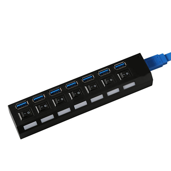 Extern USB 3.0-hub med 7 portar, hög hastighet, på/av-switch, splitter för MAC, svart