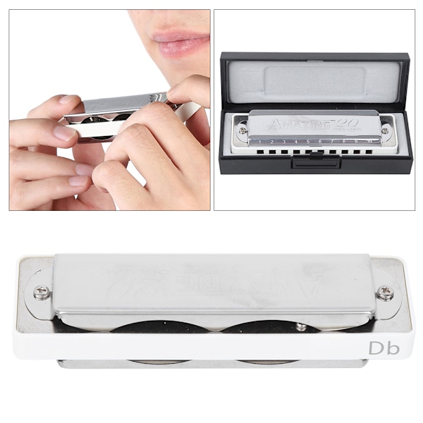 Blues Harmonika 10 Huller Mundharmonika Db Nøgle ABS Resin Professionel Begynder Blæseinstrument White