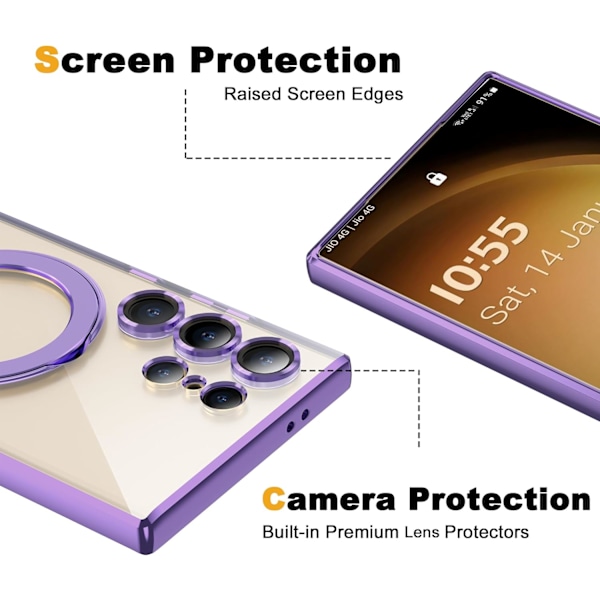 Samsung Galaxy S24 Ultra 6.9 Kotelo Magneettisella Rengastelineellä [Yhteensopiva Mag-Safe kanssa] [Täysi Kameran Linssinsuoja] Pinnoitettu Kirkas Pho Light Purple