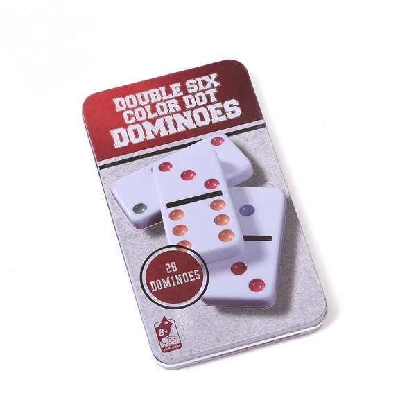 Dobbel 6 dominosett med fargede prikker spillsett - hvit domino 28 delers sett leketøy i tinnetui - seks prikker dominospill og pedagogisk spill