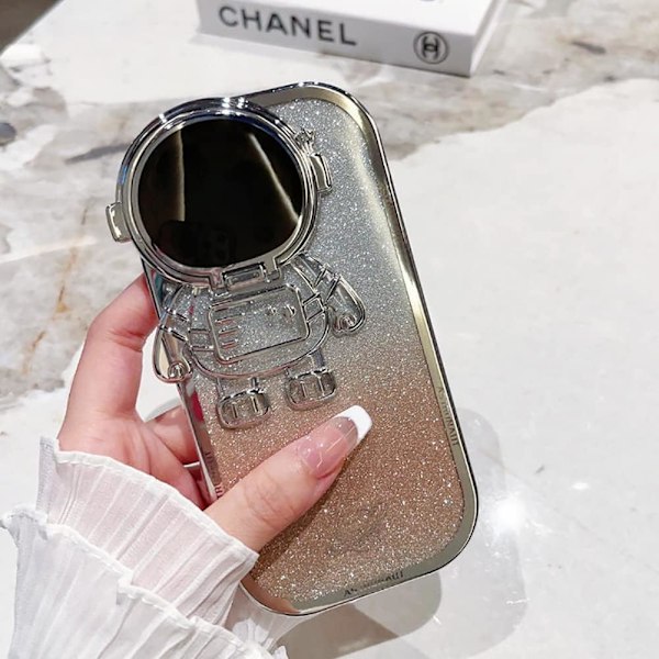 Astronaut Dold Ställ Telefonfodral för iPhone 16 promax Kameraskydd Lyx Glitter Bling 6D Elektropläterad Klar Mjuk TPU Skydd A Gold