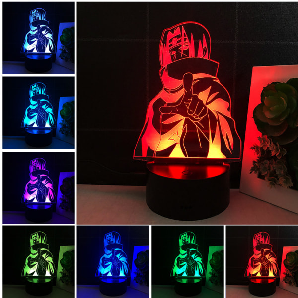 Qinwei Anime Naruto nattlys 3D illusjonslampe fjernkontroll Sakura barnerom juledekorasjonslys -- Uchiha Itachi（Hvit/svart sete）