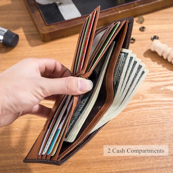 RFID-plånböcker för män Slim Bifold Äkta läder Framficka Plånbok med 2 ID-fönster QB-05 (Brun) Brown