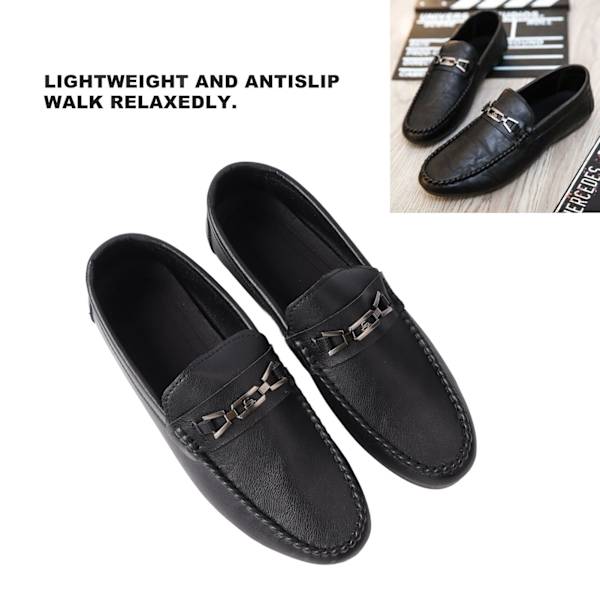 Herr Slip On Skor PU Läder Casual Fshion Skor Lätt Antislip Spänne Låg Top Klänning Skor Svart 44