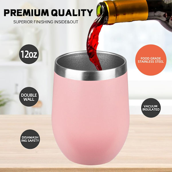 12OZ rustfritt stål vinglass med lokk. Stilkfri dobbeltvegget isolert vinglass. Vinglass er egnet for forskjellige scener, fester Light Pink 1 PCS