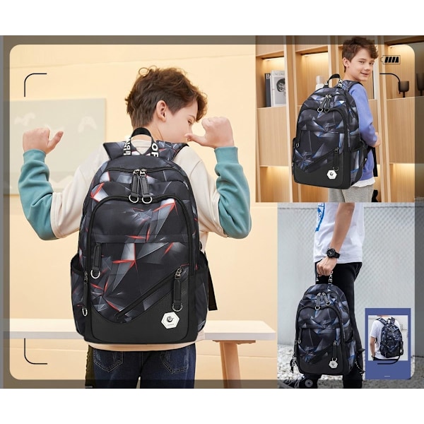 Skolryggsäck för tonårspojkar Laptop Bookbag Barn Skolväska för grundskolan Black+red Style B-No USB Port