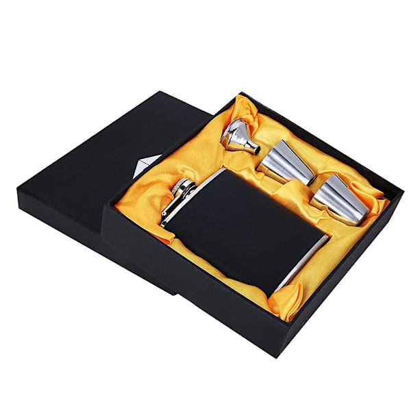 Rustfrit Hip Flask i Sort Lædertragt med To Vinkop Sæt til Fødselsdagsgave (7oz)