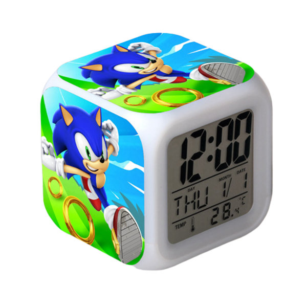 Wekity Sonic the Hedgehog Färgglad väckarklocka LED Kvadratisk klocka Digital väckarklocka med tid, temperatur, alarm, datum