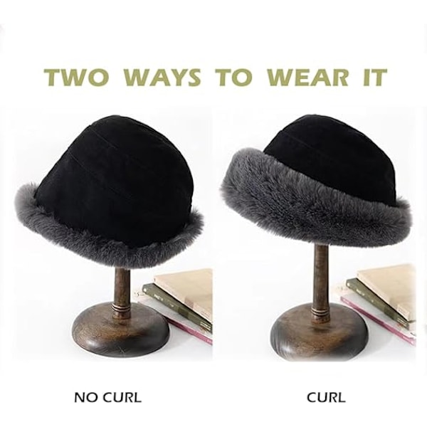 Plush Fuzzy Bucket Hat för Kvinnor Varm Fluffig Konstgjord Päls Fiskehatt Vinter Skid Utomhus Vindtät Varm Fleecefodrad Hatt Black