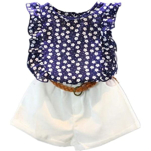 Baby Småbarn Jenter Sommer Antrekk 2-3 År Barn Blomsterprint T-Skjorte Ermeløs Topp Belte Shorts Bukser Sett 110cm