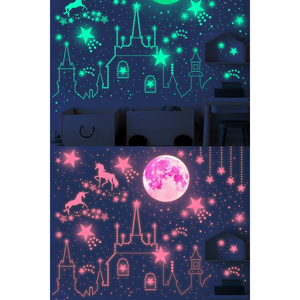 Glow in the Dark Stjerner Måne Veggklistremerker Lysende Enhjørning Slott Veggklistremerker 893 Pcs DIY Veggdekor for Barnerom Pink-1 20cm*Moon