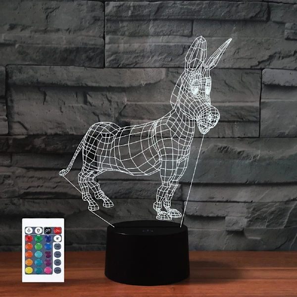 3D Liten Åsna Fjärrkontroll 16 Färger Nattlampor Illusion Akryl LED Bord Sänglampa Barn Sovrum Skrivbords Dekoration Födelsedagspresenter Leksak