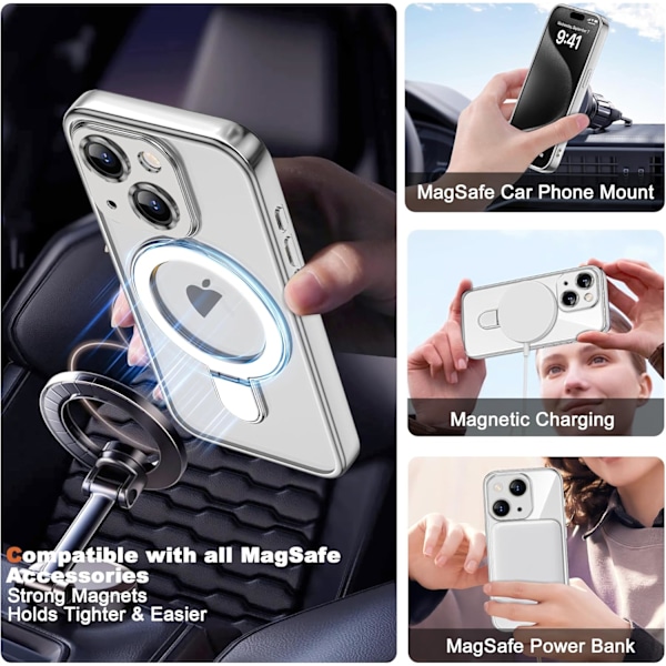 IPhone 15 Deksel med Usynlig Magnetisk Ringstativ [Kompatibel med Mag-Safe] [Full Kamerabeskyttelse] Klar Platering for iPhone Silver