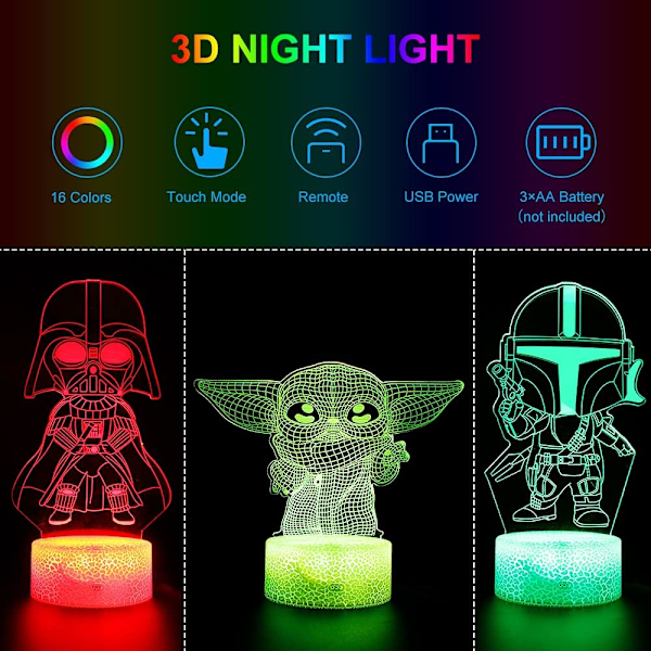 3D Illusionsnatlampa för Barn, LED Skrivbordslampa med 3 Mönster & 16 Färgbyten, Baby Yoda/Darth Vader/Stormtrooper Leksaker