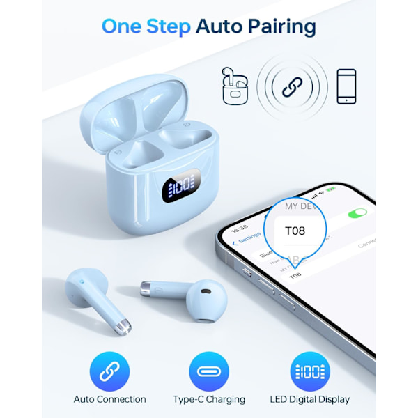 Langattomat nappikuulokkeet, Bluetooth 5.3 -kuulokkeet 40 tunnin toistoajalla latauskotelolla, IPX5-vedenpitävät stereo-nappikuulokkeet mikrofonilla iOS- ja Android-laitteille Blue