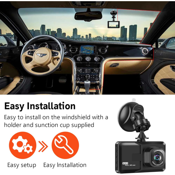 Dashcam til biler, Dashcam 1080P FHD Dash Cam Front 3 tommer skærm instrumentbræt kamera med 120° vidvinkel, Super Night Vision, Loop-optagelse, Moti Black