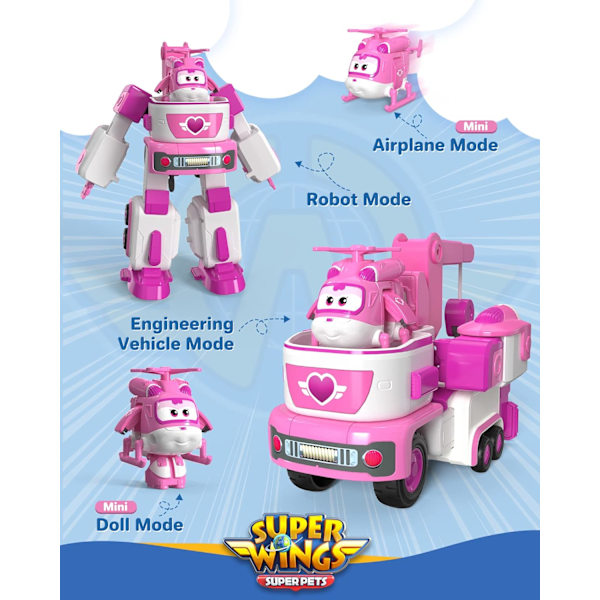 Super Wings - 7' Dizzy's Rescue Tow med 2' Pink Transform-a-Bot Mini Figur, Transformerande Flygplan Leksaksfordon Set, Leksak för 3 4 5 Åriga Pojkar