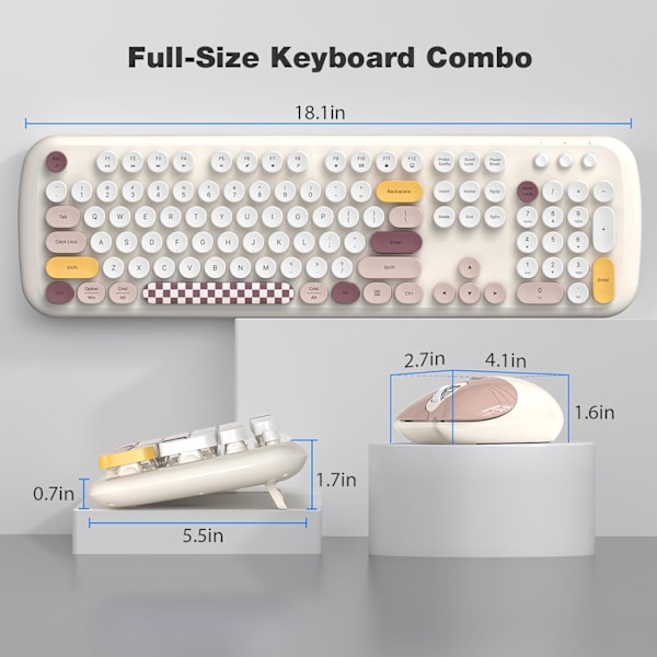 Trådlöst tangentbord och mus-set, 2.4G Full-Size Retro Skrivmaskins-tangentbord och 3-nivåers justerbar trådlös mus för Windows