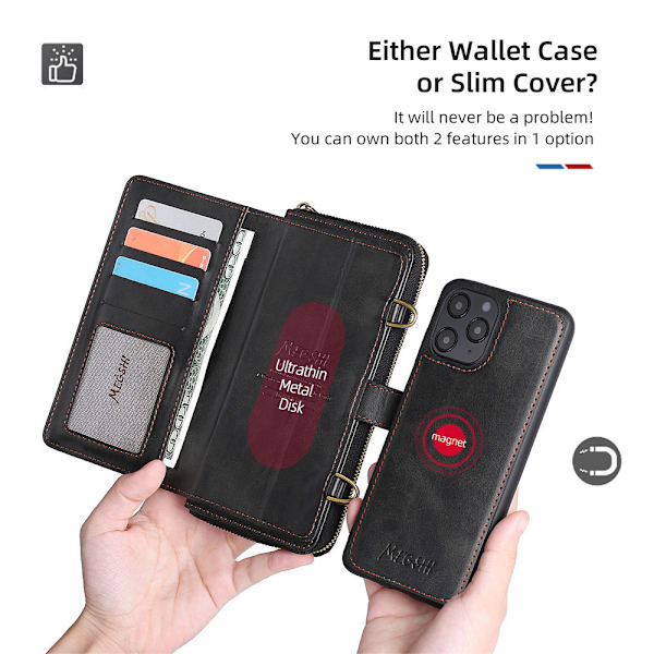Til iPhone 14 Pro  Pung Etui med Kortholder og Justerbar Crossbody Lanyard, PU Læder Kickstand Kortspor Flip Cover Etui