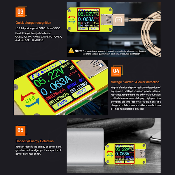Bluetooth USB3.0 Fargeskjerm Spenning Strøm Tester Voltmeter Multimeter Type C Grensesnitt