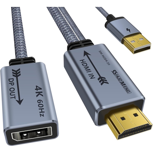 HDMI to Displayport Adapter 4K@60Hz, 2K@120Hz, 1080P@165Hz, HDMI (Source) Male to DisplayPort (Display) Female Cable with USB power 20cm/0.65ft