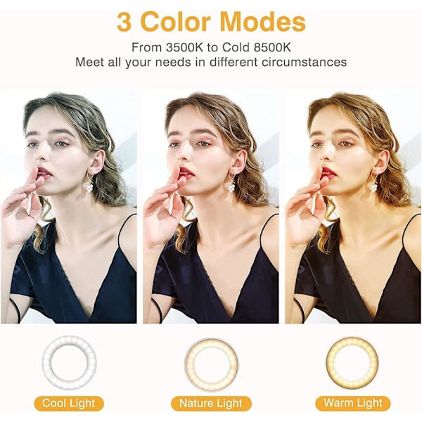 Clip-on Ring Light, Kimwood Genopladelig 60 LED Selfie Ring Light til Telefon, Laptop, Tablet (3 Modeller, 5 Lysstyrkeniveauer)